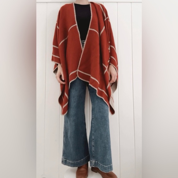 Reversible Blanket Shawl Cape Burnt Red Orange Beige Tan Linear Geometric Warm - Picture 3 of 10
